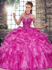 Popular Halter Top Sleeveless Organza Sweet 16 Quinceanera Dress Beading and Ruffles Lace Up