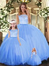 Blue Ball Gowns Tulle Scoop Sleeveless Lace Floor Length Clasp Handle Quinceanera Dresses