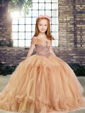 Luxurious Straps Sleeveless Kids Formal Wear Floor Length Beading Champagne Tulle