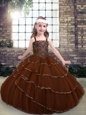 Trendy Brown Sleeveless Tulle Lace Up Little Girl Pageant Dress for Party and Wedding Party
