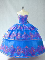 Most Popular Sleeveless Organza Floor Length Lace Up Quinceanera Dresses in Blue with Embroidery