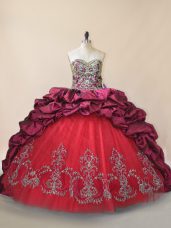Sleeveless Taffeta and Tulle Brush Train Lace Up Quinceanera Dress in Fuchsia with Beading and Pick Ups