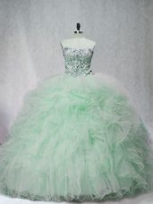 Tulle Strapless Sleeveless Brush Train Lace Up Beading and Ruffles Vestidos de Quinceanera in Apple Green