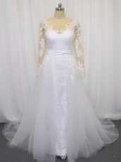 White Clasp Handle Scoop Lace and Belt Wedding Gown Tulle Long Sleeves Court Train