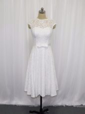 Romantic Sleeveless Lace Tea Length Lace Up Wedding Dresses in White with Lace and Belt