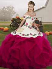 Lovely Floor Length Fuchsia Ball Gown Prom Dress Off The Shoulder Sleeveless Lace Up