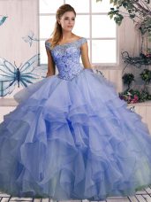 Off The Shoulder Sleeveless Organza Quinceanera Gown Beading and Ruffles Lace Up