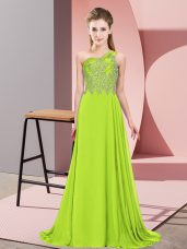 Fabulous Yellow Green Empire One Shoulder Sleeveless Chiffon Floor Length Side Zipper Beading Prom Gown
