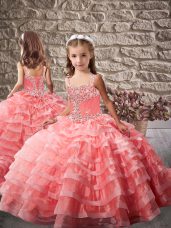 Lace Up Kids Pageant Dress Watermelon Red for Prom and Sweet 16 and Wedding Party with Beading and Ruffled Layers Brush Train