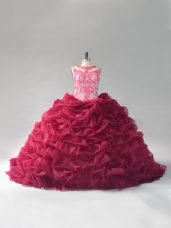 Beading and Pick Ups Quinceanera Dresses Burgundy Lace Up Sleeveless Court Train