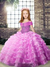 Organza Straps Sleeveless Brush Train Lace Up Beading and Ruffled Layers Little Girls Pageant Dress in Lilac