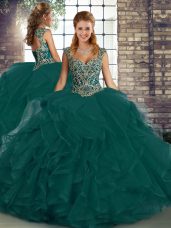 Straps Sleeveless Tulle Quinceanera Gown Beading and Ruffles Lace Up