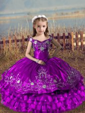 Satin and Organza Off The Shoulder Sleeveless Lace Up Embroidery and Ruffled Layers Pageant Dress in Purple