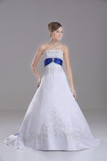 Romantic White Ball Gowns Strapless Sleeveless Satin Brush Train Lace Up Beading and Embroidery Wedding Gown