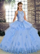 Lavender Scoop Lace Up Lace and Embroidery and Ruffles Quinceanera Gown Sleeveless