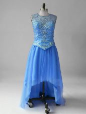 Flirting Blue Sleeveless High Low Beading Lace Up Dress for Prom