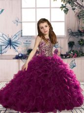 Floor Length Ball Gowns Sleeveless Fuchsia Glitz Pageant Dress Lace Up