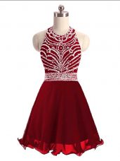 Super Halter Top Sleeveless Cocktail Dresses Mini Length Beading Wine Red Chiffon