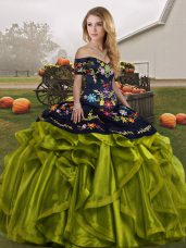 Romantic Floor Length Lace Up Quince Ball Gowns Olive Green for Military Ball and Sweet 16 and Quinceanera with Embroidery and Ruffles