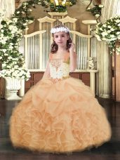 Peach Lace Up Pageant Dress Wholesale Beading and Ruffles and Pick Ups Sleeveless Floor Length