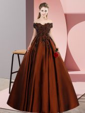 Brown A-line Off The Shoulder Sleeveless Satin Floor Length Zipper Lace and Appliques Quinceanera Gown