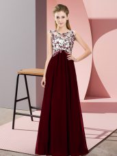 Delicate Burgundy Empire Beading and Appliques Dama Dress Zipper Chiffon Sleeveless Floor Length