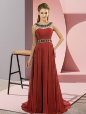 Scoop Sleeveless Formal Evening Gowns Brush Train Beading Rust Red Chiffon