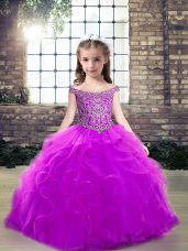 Unique Purple Ball Gowns Tulle Off The Shoulder Sleeveless Beading and Ruffles Floor Length Lace Up Girls Pageant Dresses
