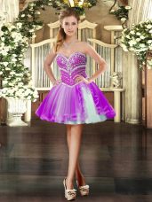 Purple Sleeveless Mini Length Beading Lace Up Cocktail Dress