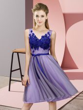 Custom Design Lavender V-neck Lace Up Appliques Bridesmaids Dress Sleeveless