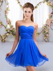 Traditional Sweetheart Sleeveless Vestidos de Damas Mini Length Ruching Royal Blue Chiffon