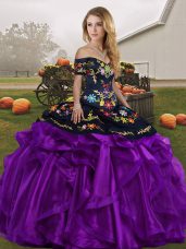 Super Black And Purple Sleeveless Embroidery and Ruffles Floor Length Quinceanera Dress