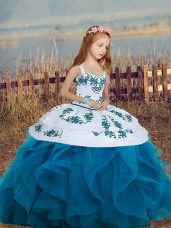 Blue Sleeveless Embroidery and Ruffles Floor Length Pageant Dresses