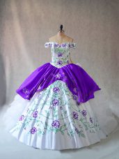 Suitable White And Purple Organza Lace Up Off The Shoulder Sleeveless Floor Length Quinceanera Dress Embroidery and Ruffles