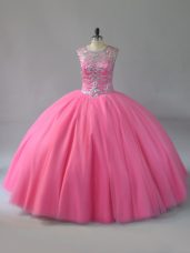 Pink Ball Gowns Beading Quinceanera Dresses Lace Up Sleeveless