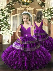 Elegant Eggplant Purple Backless V-neck Beading and Appliques and Ruffles and Ruching Little Girls Pageant Dress Organza Sleeveless