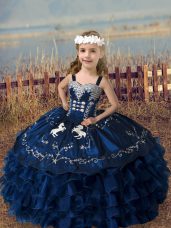 Elegant Ball Gowns High School Pageant Dress Navy Blue Straps Organza Sleeveless Floor Length Lace Up