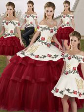 Wine Red Quince Ball Gowns Military Ball and Sweet 16 and Quinceanera with Embroidery and Ruffled Layers Off The Shoulder Sleeveless Brush Train Lace Up
