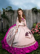 White Lace Up Straps Embroidery and Ruffles Little Girls Pageant Dress Wholesale Satin and Organza Sleeveless Sweep Train