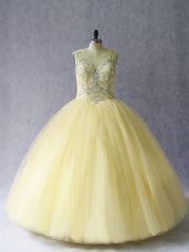 Top Selling Light Yellow Lace Up Ball Gown Prom Dress Beading Sleeveless Floor Length