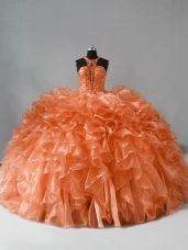Sleeveless Brush Train Beading and Ruffles Zipper Sweet 16 Dress