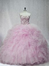 Sweetheart Sleeveless Quinceanera Dress Brush Train Beading and Ruffles Lilac Tulle
