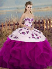 Stylish Sleeveless Floor Length Embroidery and Ruffles and Bowknot Lace Up Vestidos de Quinceanera with Fuchsia