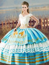 Blue And White V-neck Lace Up Embroidery and Ruffled Layers 15th Birthday Dress Sleeveless