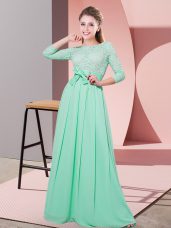 Apple Green Court Dresses for Sweet 16 Wedding Party with Lace and Belt Scoop 3 4 Length Sleeve Side Zipper