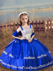 Trendy Royal Blue Straps Neckline Beading and Embroidery Pageant Gowns For Girls Sleeveless Lace Up