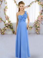 Blue One Shoulder Neckline Hand Made Flower Quinceanera Court of Honor Dress Sleeveless Lace Up