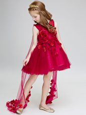 Wine Red Lace Up V-neck Hand Made Flower Flower Girl Dresses Tulle Sleeveless Watteau Train