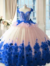 Cute Blue And White Ball Gowns Scoop Sleeveless Tulle Brush Train Zipper Hand Made Flower 15th Birthday Dress