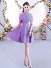 Glittering A-line Bridesmaid Dress Lavender High-neck Chiffon Short Sleeves Mini Length Zipper